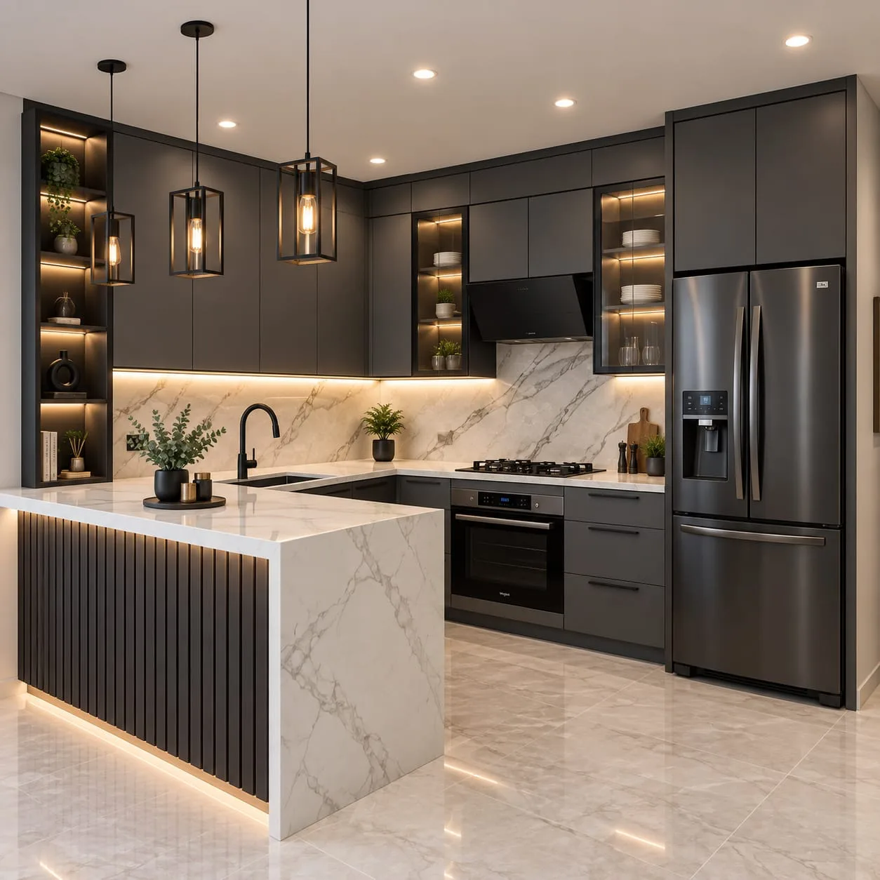Modern kitchen renovation with white marble island, black cabinetry, and warm accent lighting