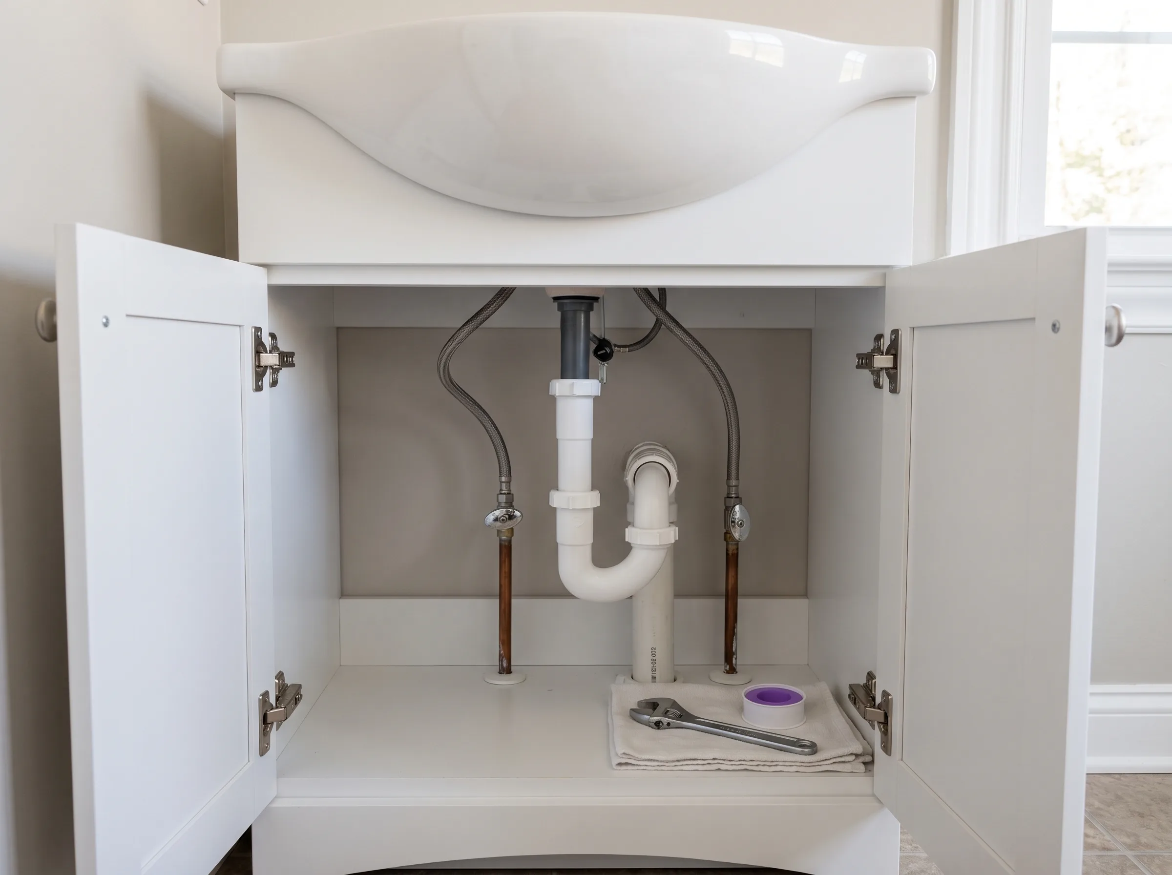 Under-sink plumbing installation featuring pipes and a wrench