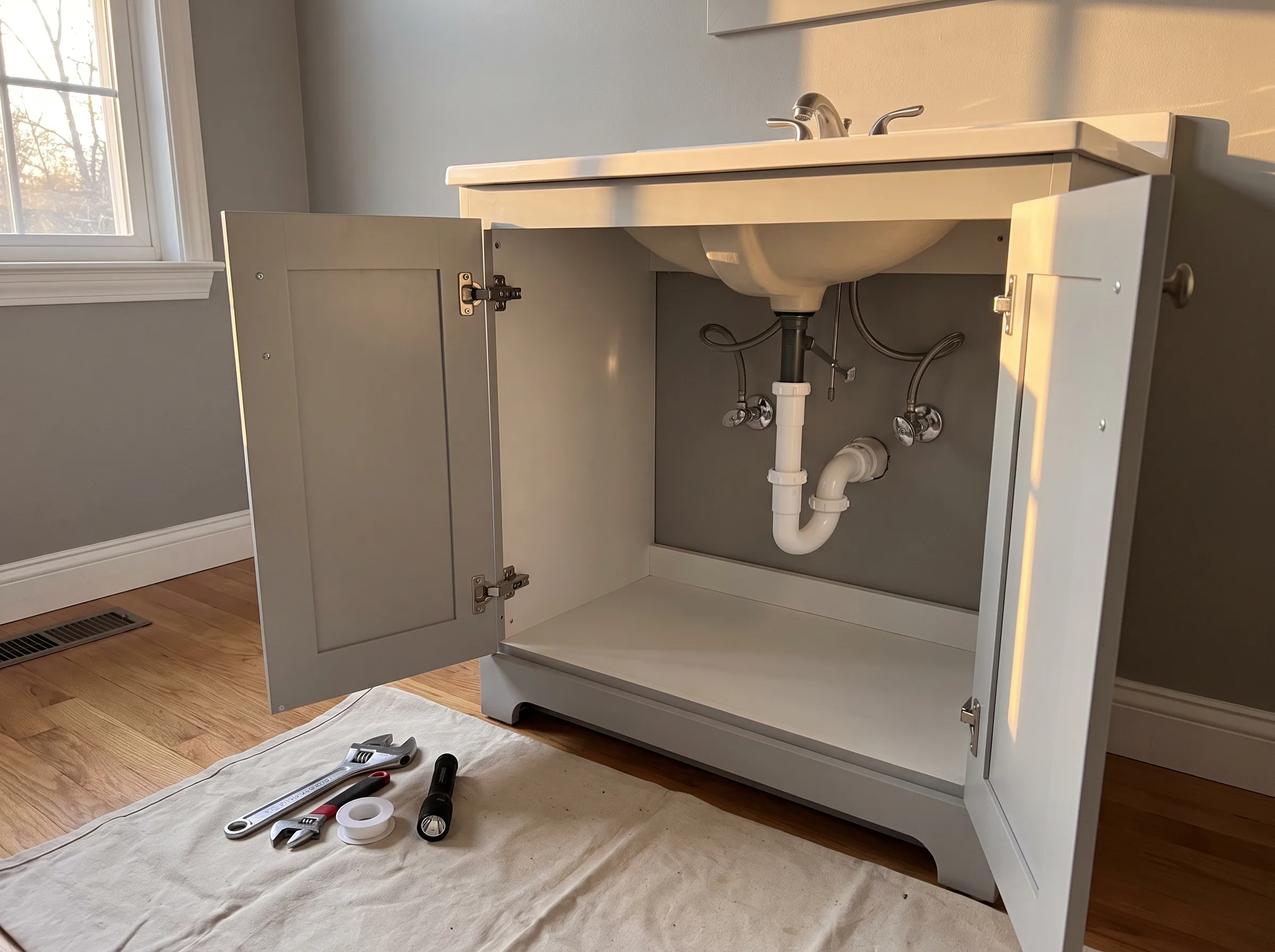 Bathroom vanity cabinet installation with plumbing under the sink and tools nearby
