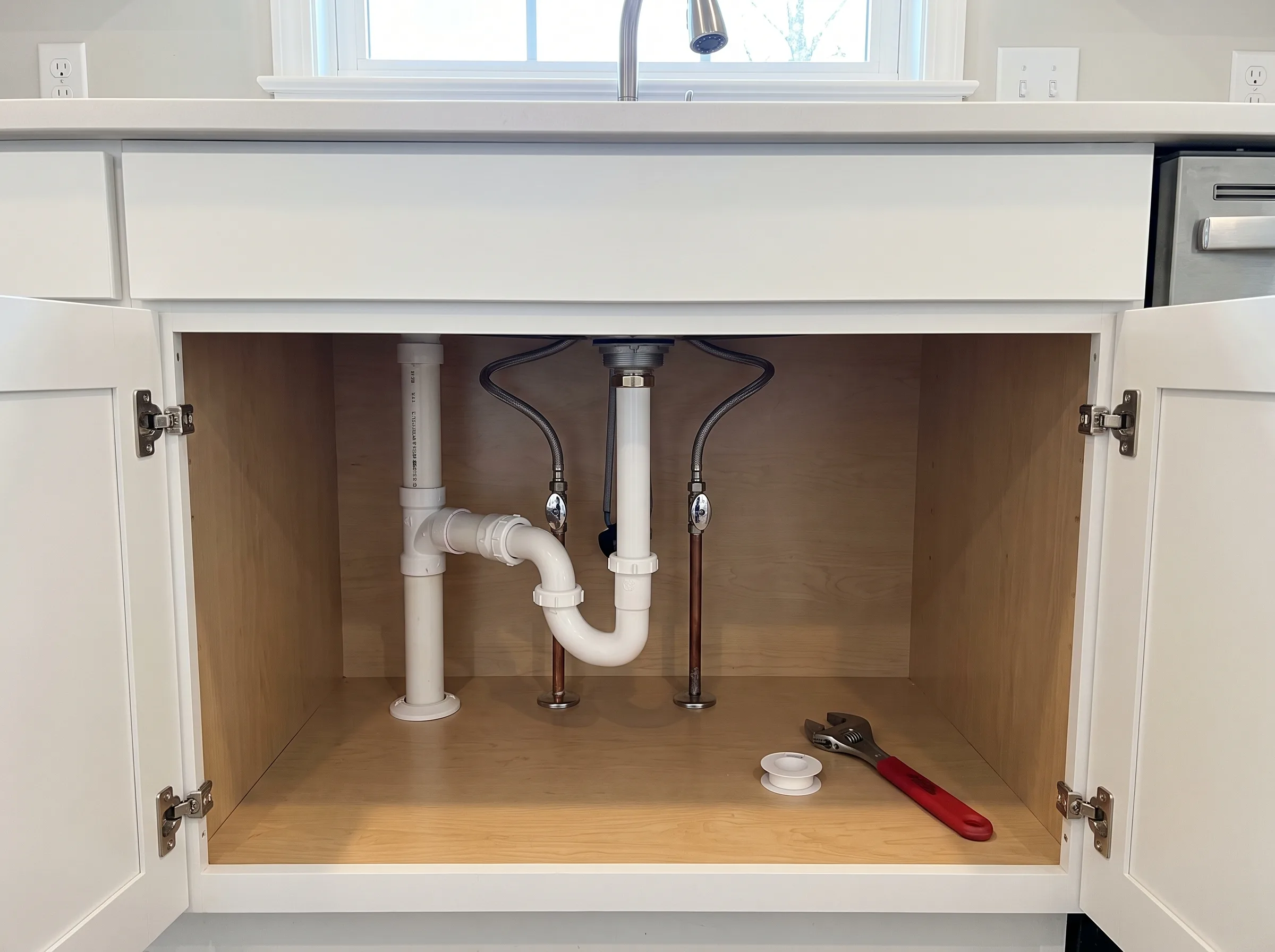 Plumbing installation under a kitchen sink, featuring pipes and tools