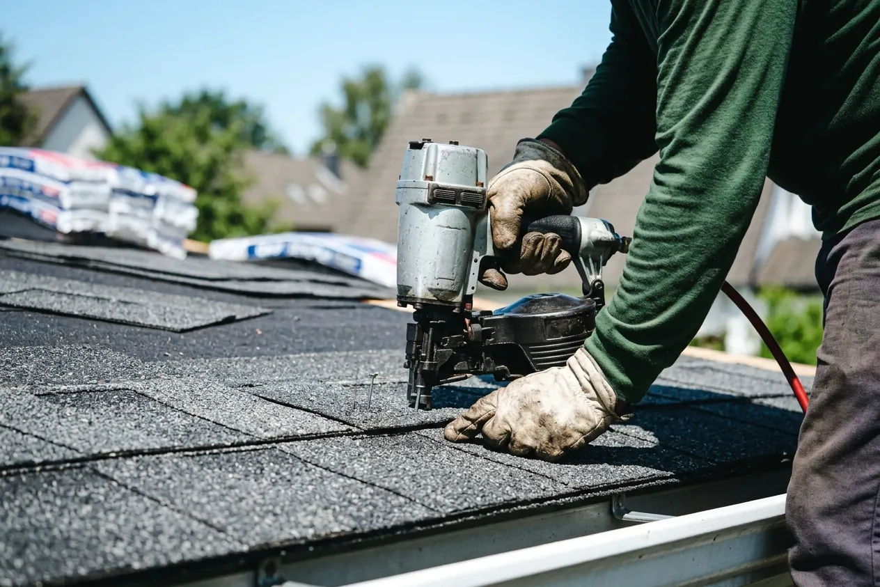 Worker installing shingles on a roof with a nail gun during a roofing project